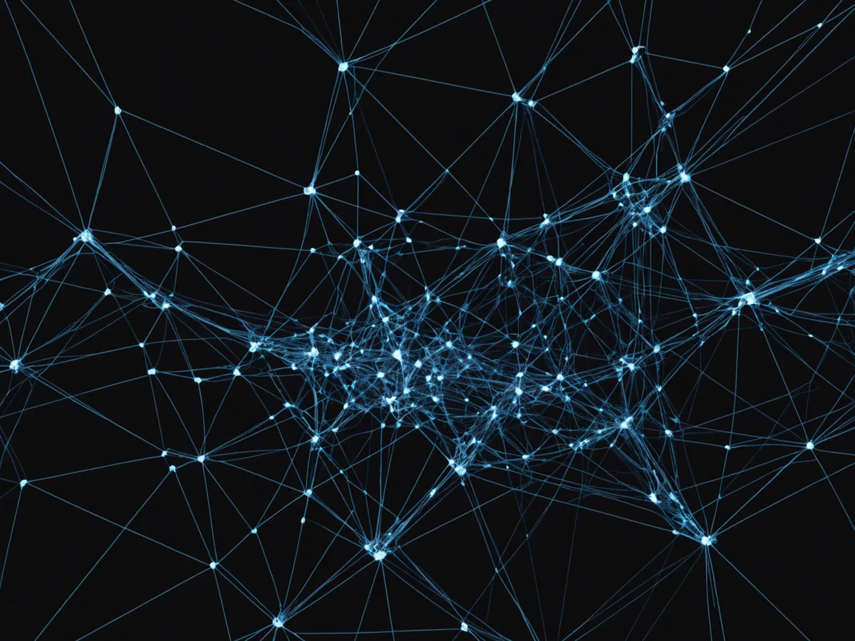 Abstract network map with freight route connections illuminated in blue against a dark background