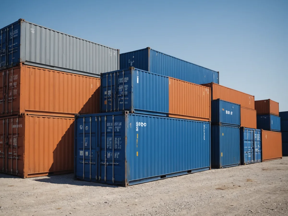 ISO shipping containers stacked in a terminal yard behind a chain-link fence gate