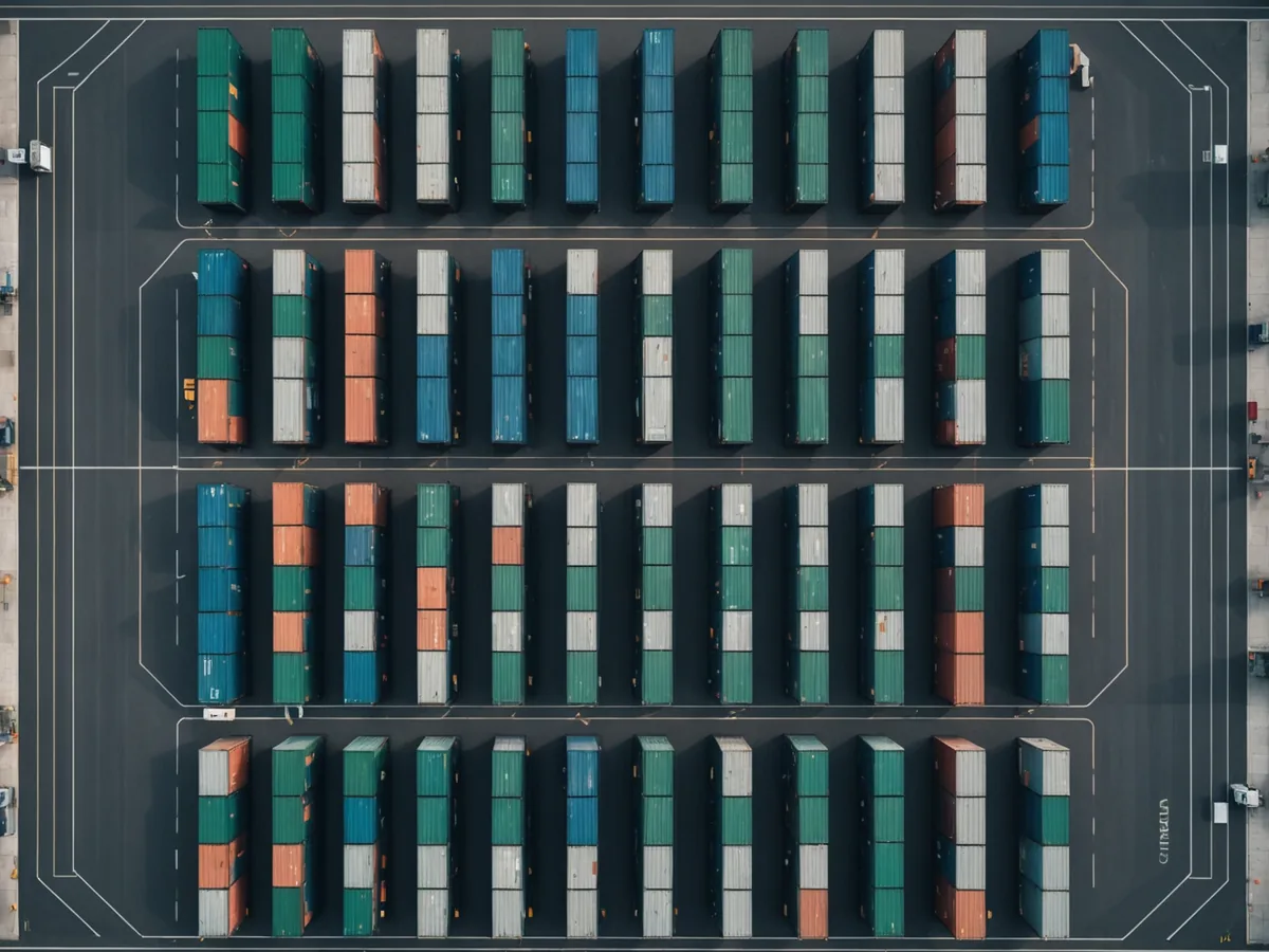 Aerial view of a freight yard with containers being loaded onto multiple trucks
