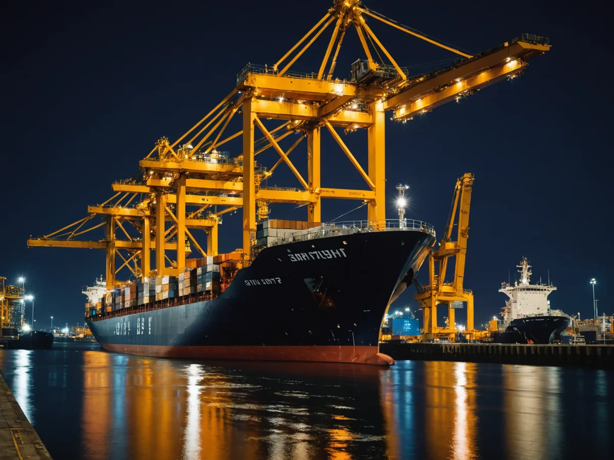 Container terminal berth with ship alongside and port cranes in operation at night