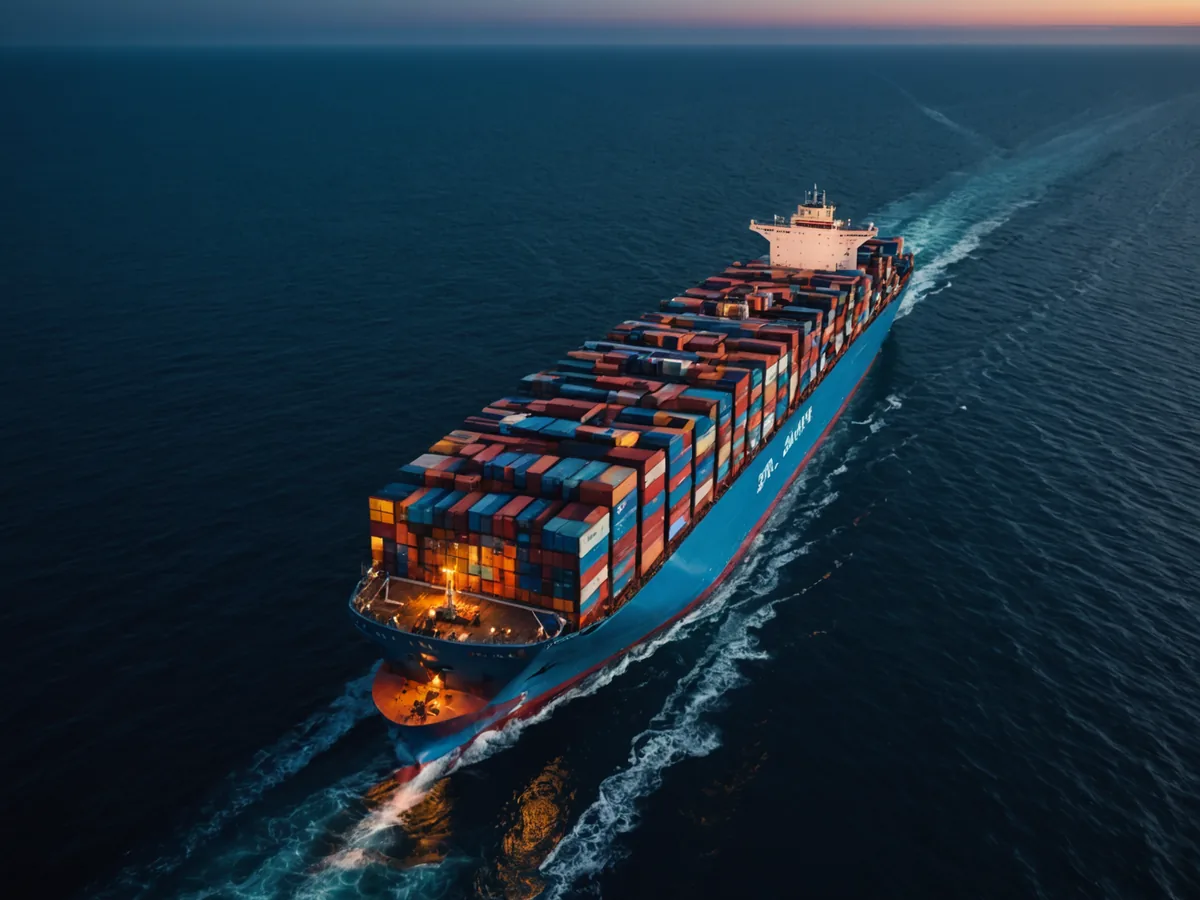Container ship at sea in blue twilight water from aerial perspective
