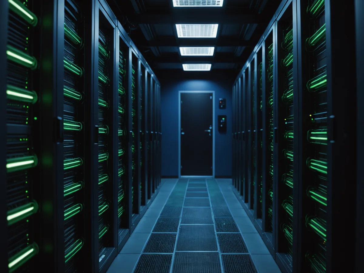Server rack equipment with cable management in a data center, blue LED indicator lights