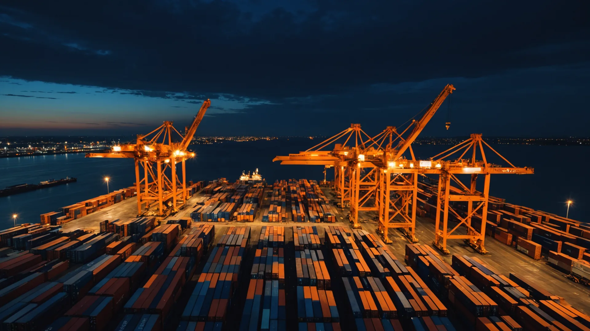 Container terminal at dusk with port cranes lit in orange signal lighting over dark deep-water berths